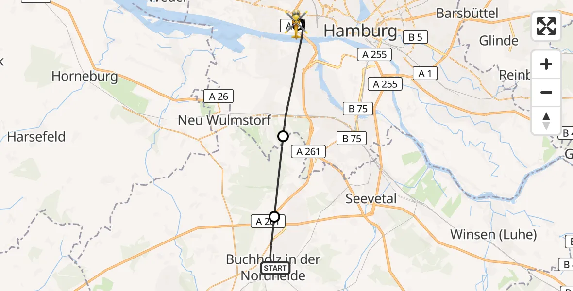 Flugroute Ambulanzhubschrauber Buchholz in der Nordheide - Asklepios Hospital Altona, 02 Juli 2026, 07:12