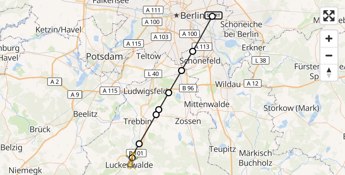 Flugroute Ambulanzhubschrauber Berlin Emergency Hospital - KMG Hospital Luckenwalde Hubschrauberlandeplatz, 02 Juli 2026, 07:15