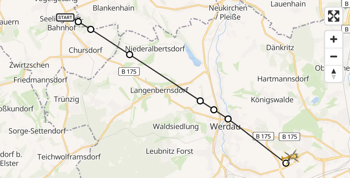 Flugroute Rettungshubschrauber Braunichswalde - ADAC Air Rescue Station Zwickau Hubschrauberlandeplatz, 02 Juli 2026, 07:16
