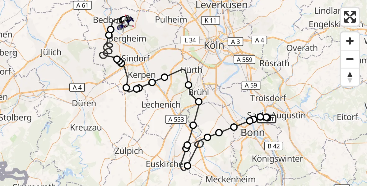 Flugroute Polizeihubschrauber Sankt Augustin - Bergheim, 02 Juli 2026, 07:21