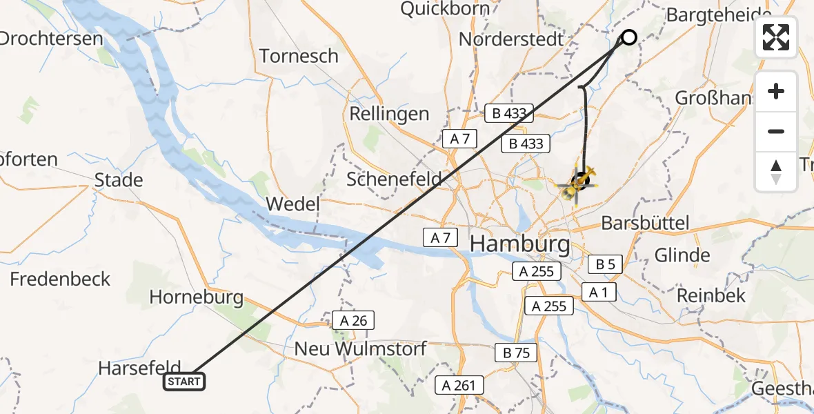 Flugroute Rettungshubschrauber Harsefeld - Hamburg Military Hospital, 02 Juli 2026, 07:21