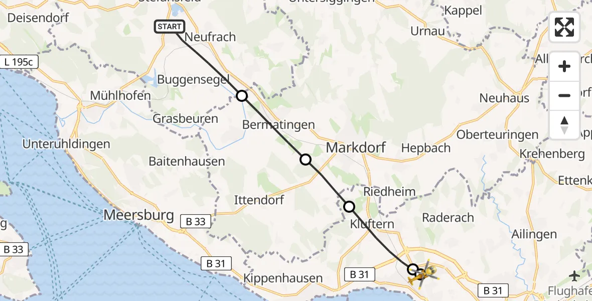 Flugroute Rettungshubschrauber Salem - Friedrichshafen Hospital, 02 Juli 2026, 07:23