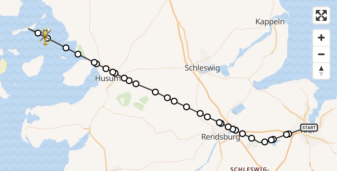 Flugroute Ambulanzhubschrauber Kiel - Gröde, 02 Juli 2026, 07:33