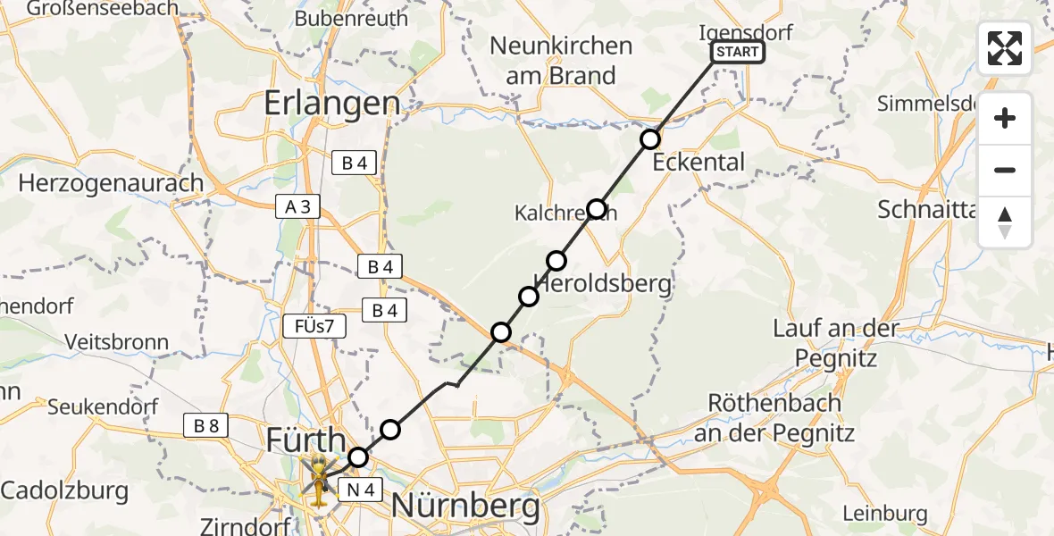 Flugroute Ambulanzhubschrauber Igensdorf - Fürth, 02 Juli 2026, 07:37