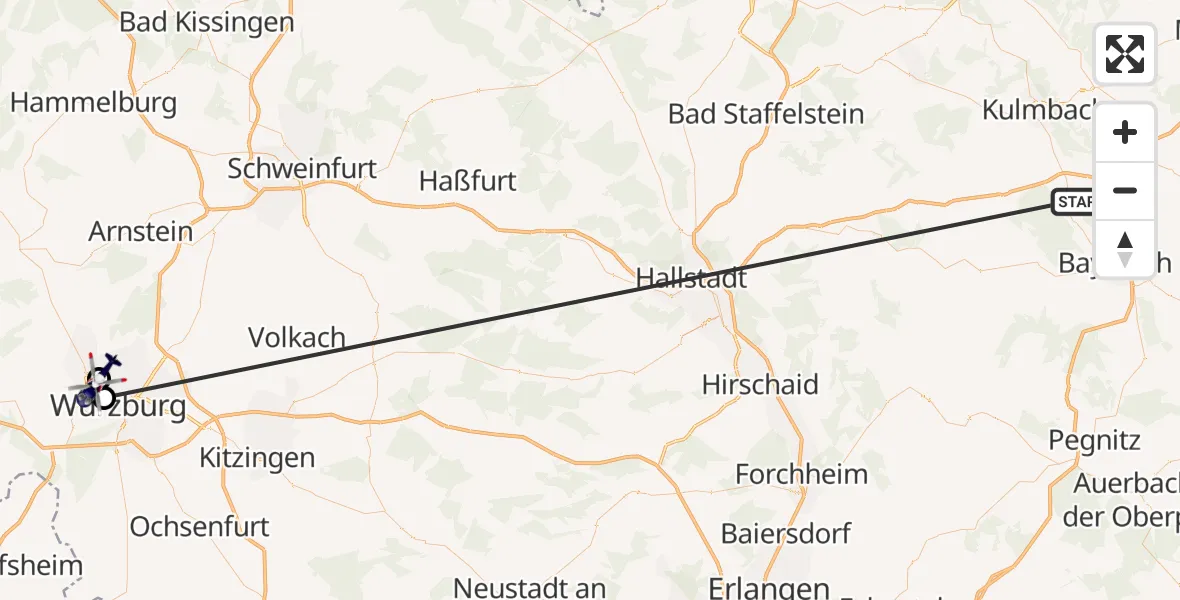 Flugroute Polizeihubschrauber Neudrossenfeld - Würzburg-Schenkenturm Flugplatz, 02 Juli 2026, 07:38