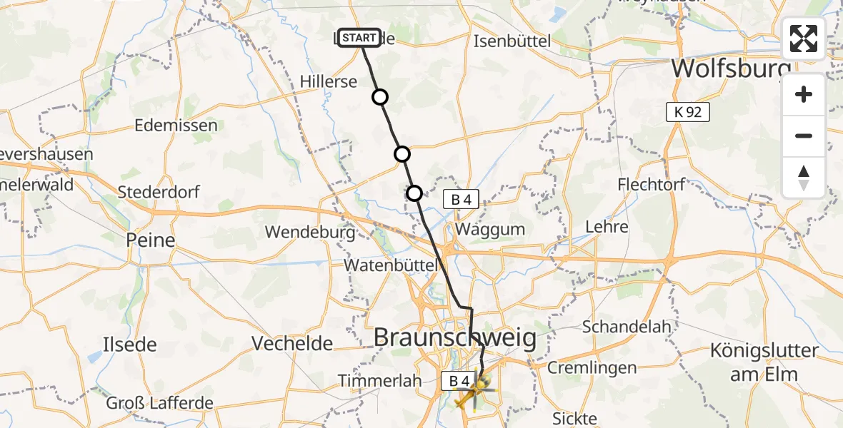 Flugroute Rettungshubschrauber Leiferde - Braunschweig, 02 Juli 2026, 07:42