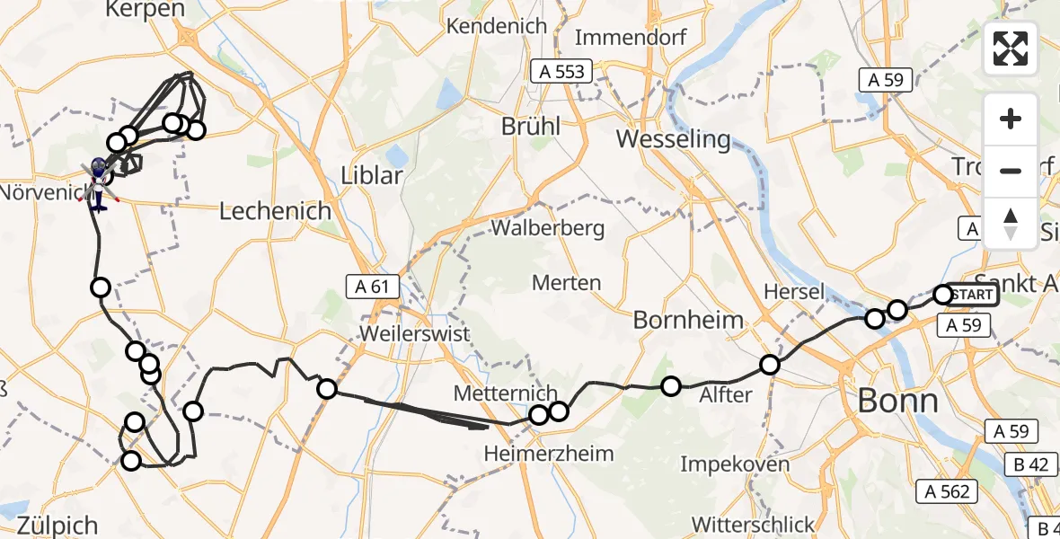 Flugroute Polizeihubschrauber Sankt Augustin - Nörvenich, 02 Juli 2026, 07:44