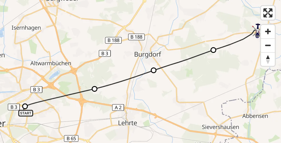 Flugroute Polizeihubschrauber Hannover Luftrettung Hubschrauberlandeplatz (Christoph 4) - Uetze, 02 Juli 2026, 07:57
