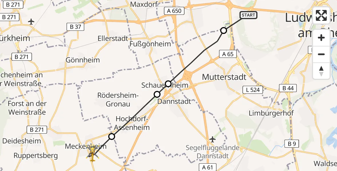 Flugroute Rettungshubschrauber Ludwigshafen am Rhein - Meckenheim, 02 Juli 2026, 08:02