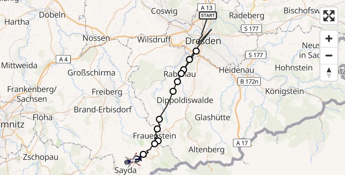 Flugroute Polizeihubschrauber Dresden - Sayda, 02 Juli 2026, 08:18