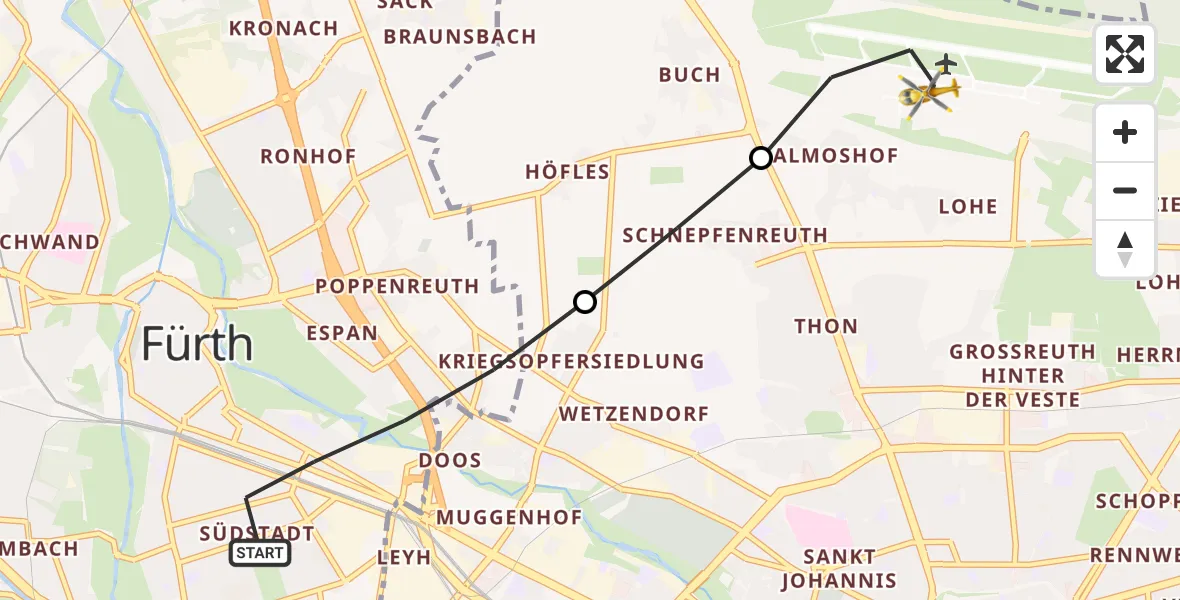 Flugroute Ambulanzhubschrauber Fürth - Flughafen Nuremberg, 02 Juli 2026, 08:23