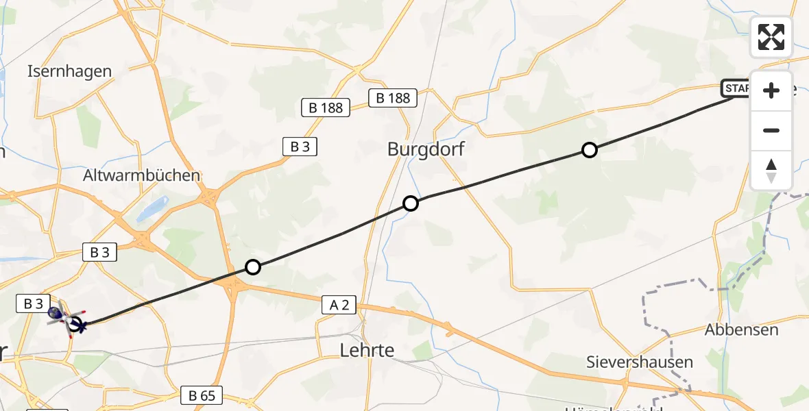 Flugroute Polizeihubschrauber Uetze - Hannover Luftrettung Hubschrauberlandeplatz (Christoph 4), 02 Juli 2026, 08:27