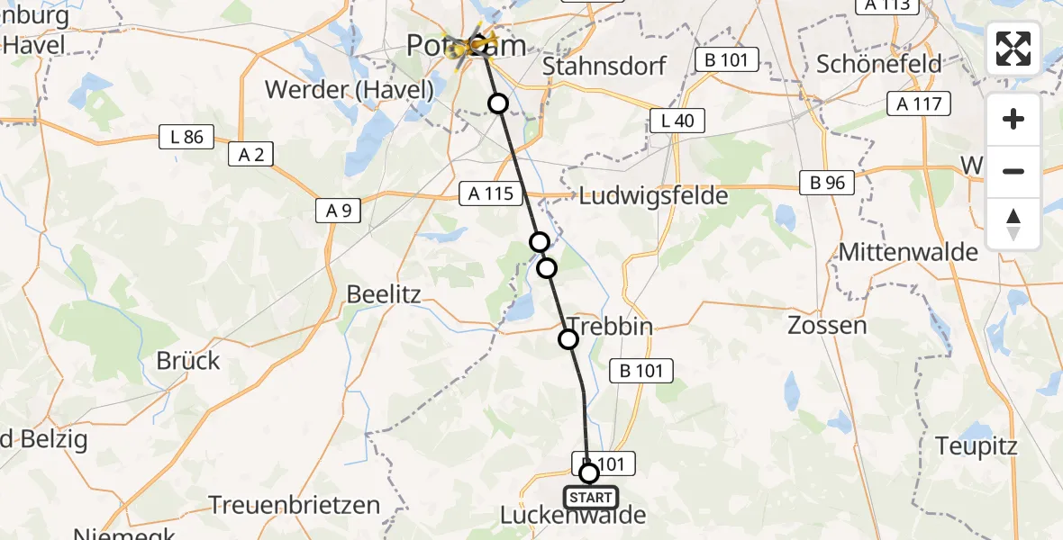 Flugroute Ambulanzhubschrauber Luckenwalde - Ernst von Bergmann Clinic Hubschrauberlandeplatz, 02 Juli 2026, 08:28