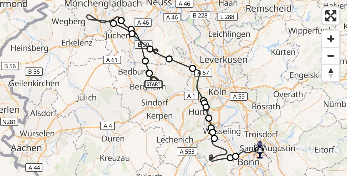 Flugroute Polizeihubschrauber Bergheim - Sankt Augustin, 02 Juli 2026, 08:33