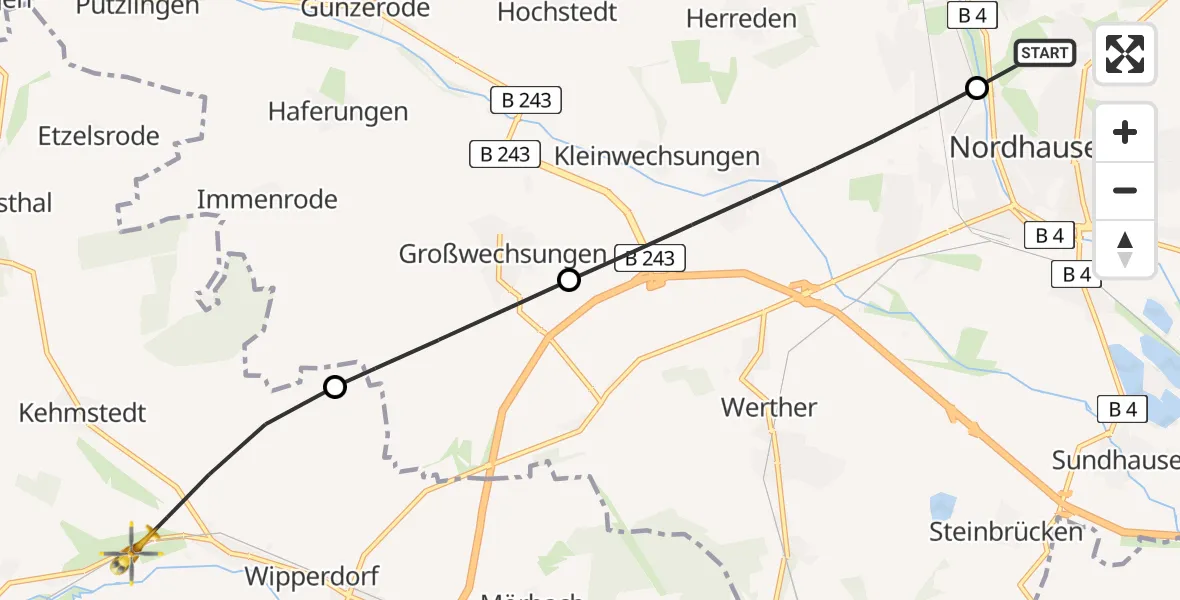 Flugroute Rettungshubschrauber Südharz Hospital Nordhausen - Bleicherode, 02 Juli 2026, 08:33