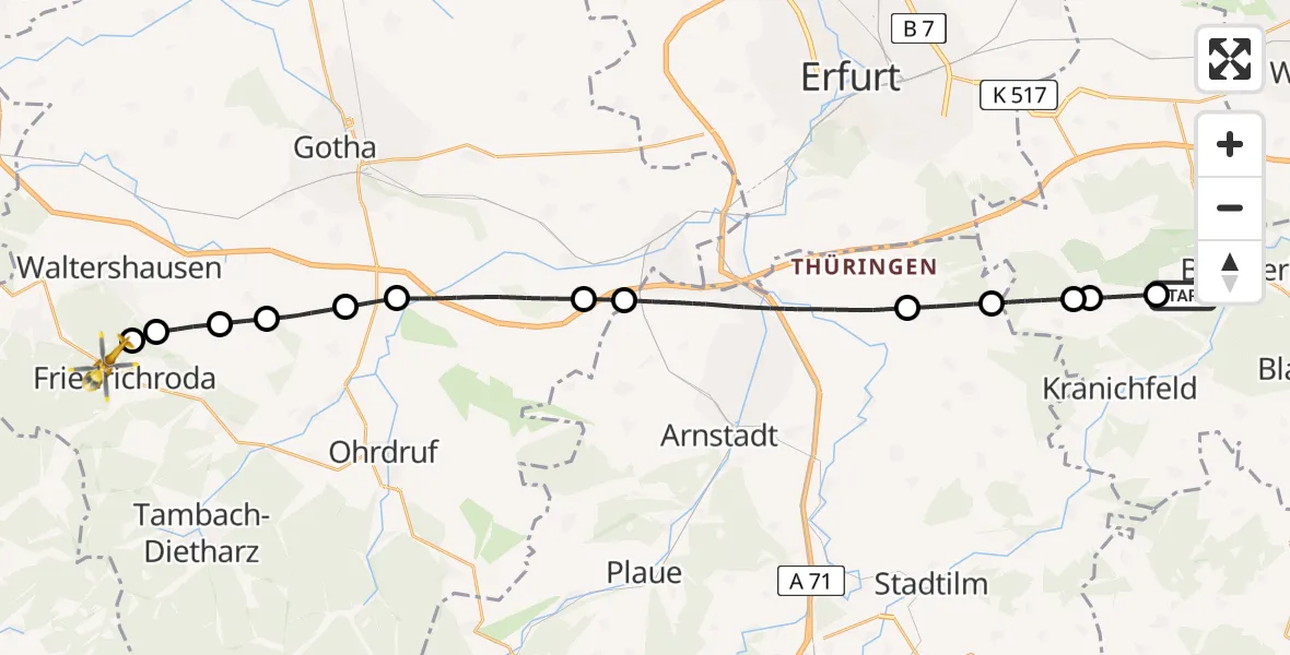 Flugroute Ambulanzhubschrauber Bad Berka - Friedrichroda, 02 Juli 2026, 08:34