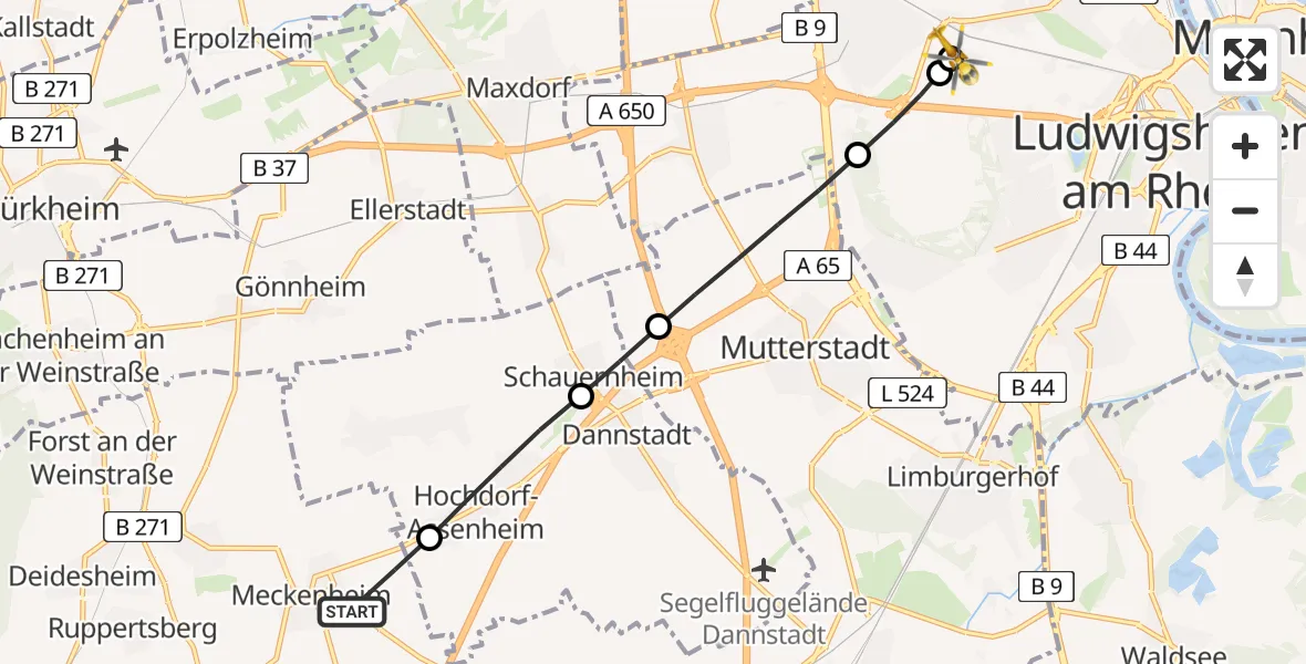 Flugroute Rettungshubschrauber Meckenheim - Ludwigshafen Accident Hospital, 02 Juli 2026, 08:34
