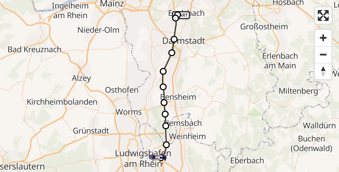Flugroute Polizeihubschrauber Flughafen Frankfurt-Egelsbach - Mannheim-City Flughafen, 02 Juli 2026, 08:34
