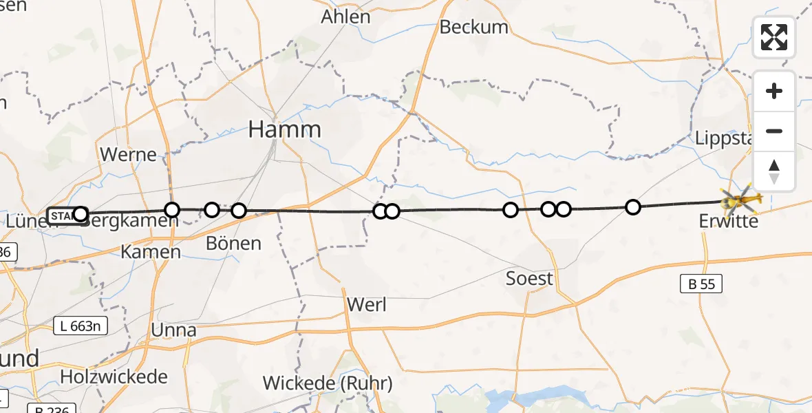 Flugroute Rettungshubschrauber Lünen - Erwitte, 02 Juli 2026, 08:40