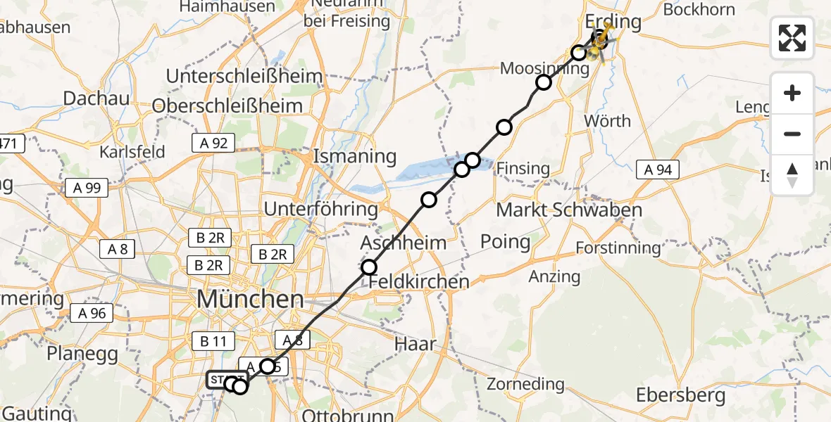 Flugroute Rettungshubschrauber München - Erding District Hospital, 02 Juli 2026, 08:43