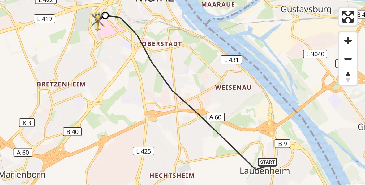 Flugroute Rettungshubschrauber Mainz - Mainz University Hospital, 02 Juli 2026, 08:47
