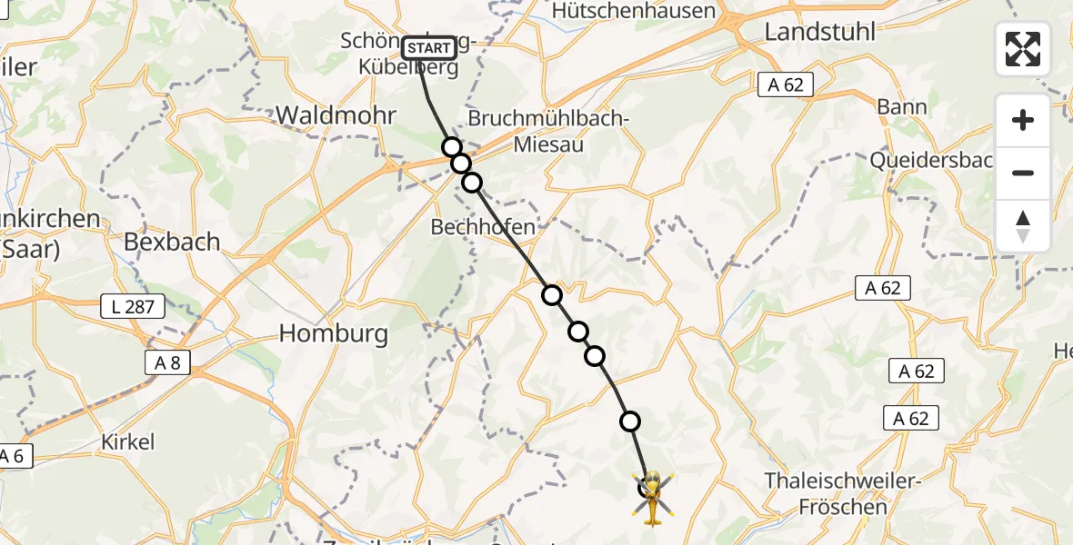 Flugroute Rettungshubschrauber Schönenberg-Kübelberg - Pirmasens-Pottschütthöhe Flugplatz, 02 Juli 2026, 08:47