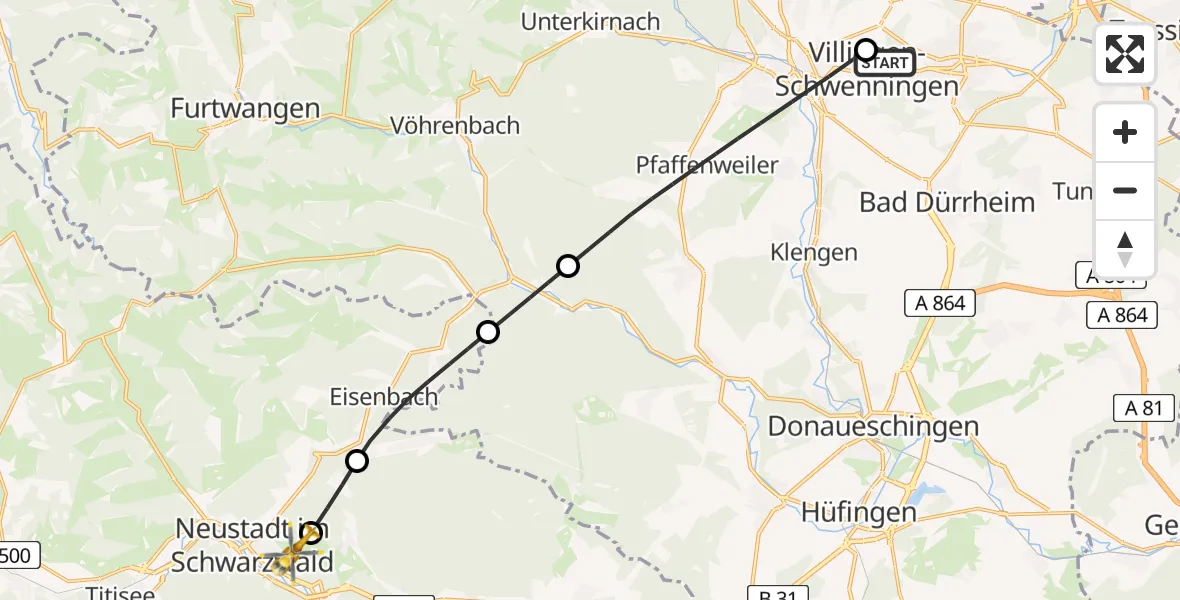 Flugroute Ambulanzhubschrauber DRF Air Rescue Station Villingen-Schwenningen Hubschrauberlandeplatz (Christoph 11) - Titisee-Neustadt, 02 Juli 2026, 08:49