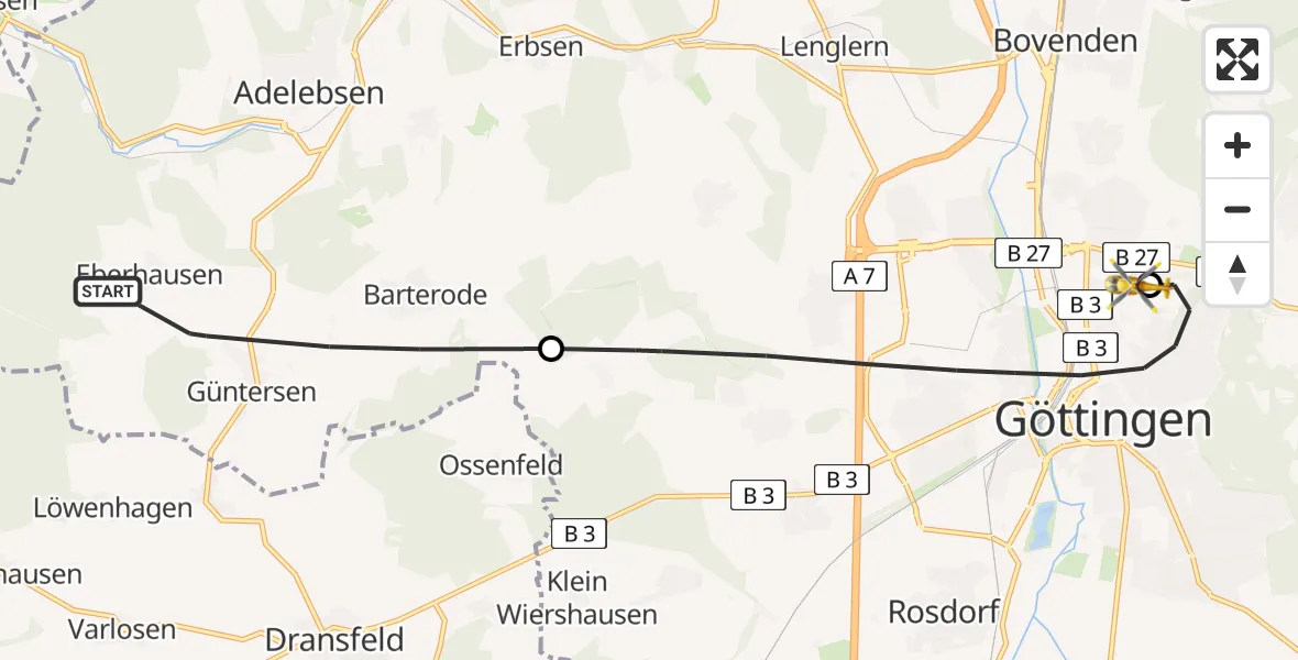 Flugroute Rettungshubschrauber Adelebsen - Göttingen University Clinic Hubschrauberlandeplatz, 02 Juli 2026, 08:49