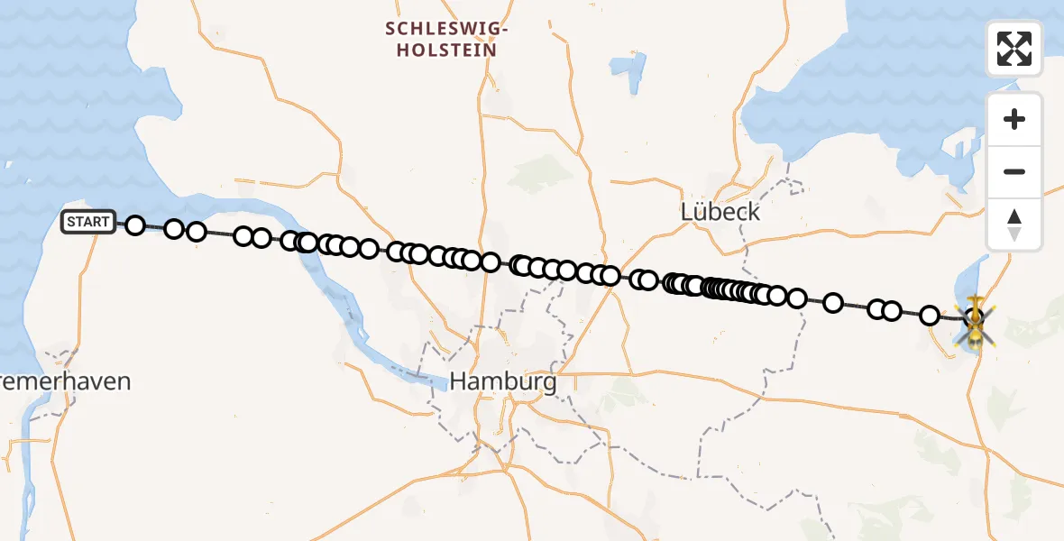Flugroute Rettungshubschrauber Cuxhaven - Leezen, 02 Juli 2026, 08:50