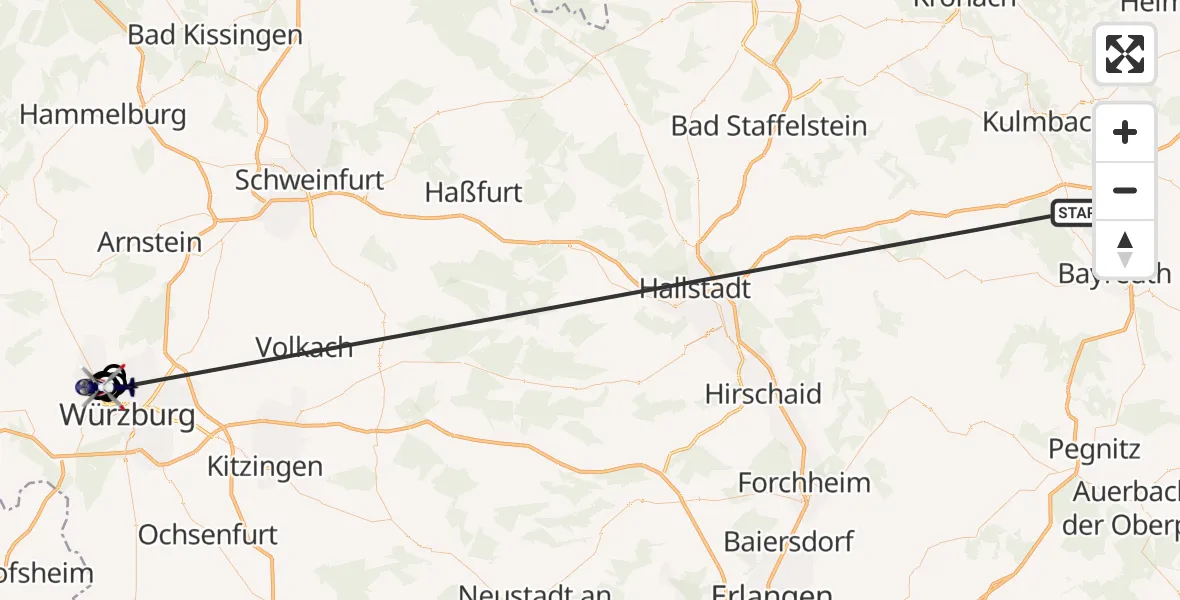 Flugroute Polizeihubschrauber Neudrossenfeld - Würzburg, 02 Juli 2026, 08:53