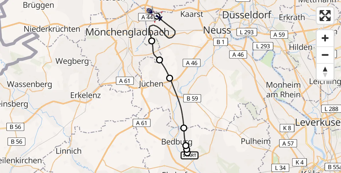 Flugroute Polizeihubschrauber Bergheim - Mönchengladbach Flughafen, 02 Juli 2026, 08:55