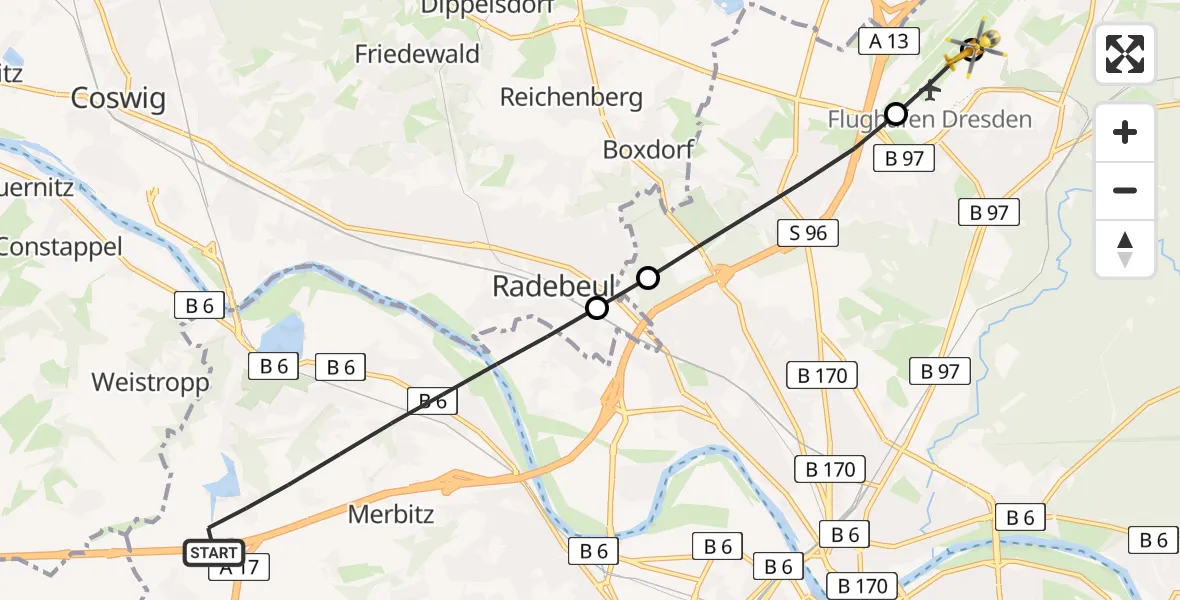 Flugroute Rettungshubschrauber Dresden - Dresden Bundespolizei Hubschrauberlandeplatz, 02 Juli 2026, 08:57