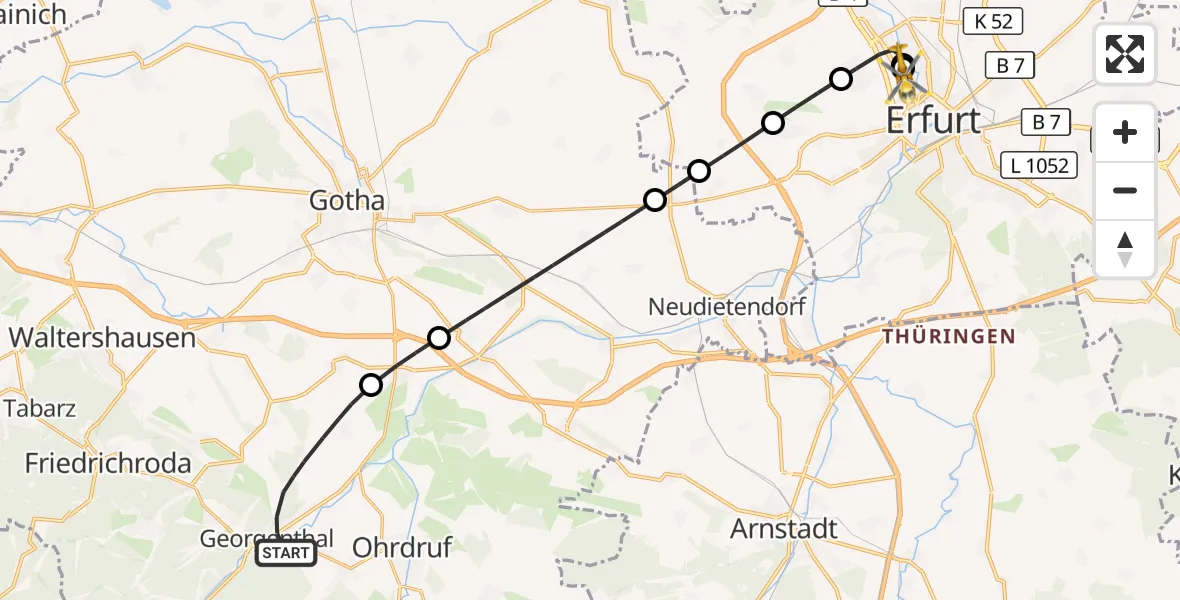 Flugroute Rettungshubschrauber Georgenthal - Helios Clinic Erfurt, 02 Juli 2026, 08:57