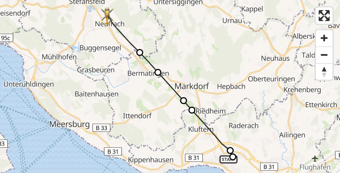 Flugroute Rettungshubschrauber Friedrichshafen Hospital - Salem, 02 Juli 2026, 08:57