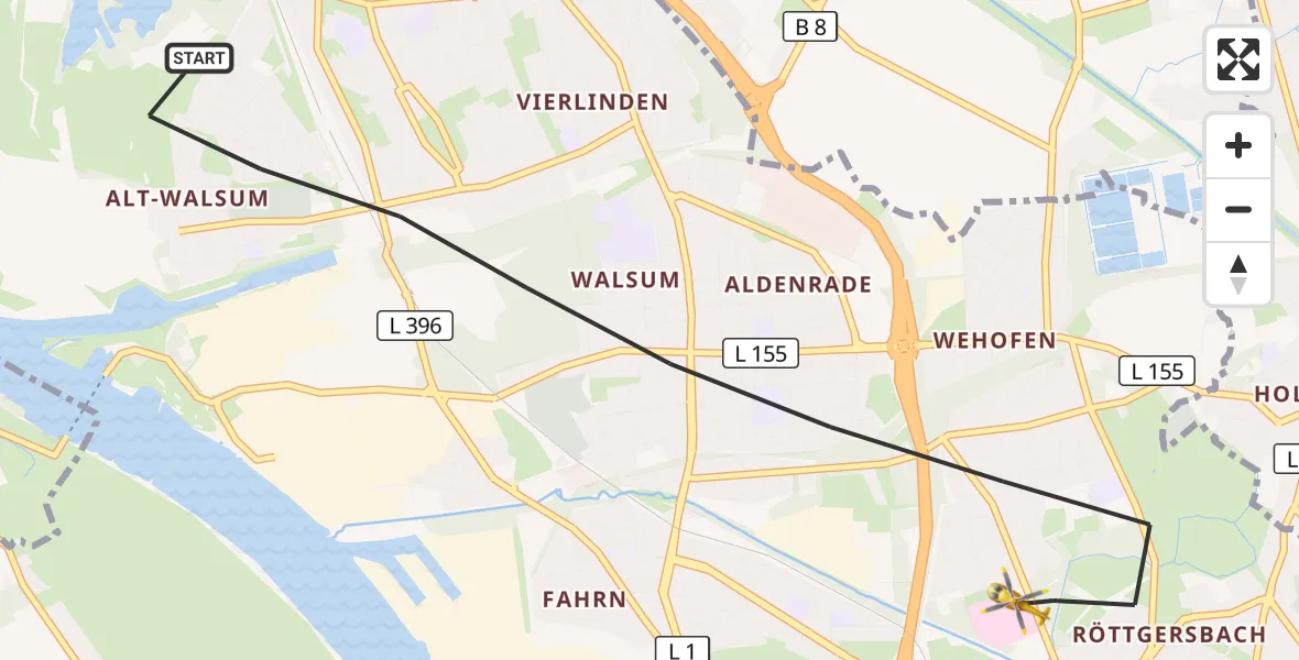Flugroute Rettungshubschrauber Duisburg - Duisburg, 02 Juli 2026, 09:02