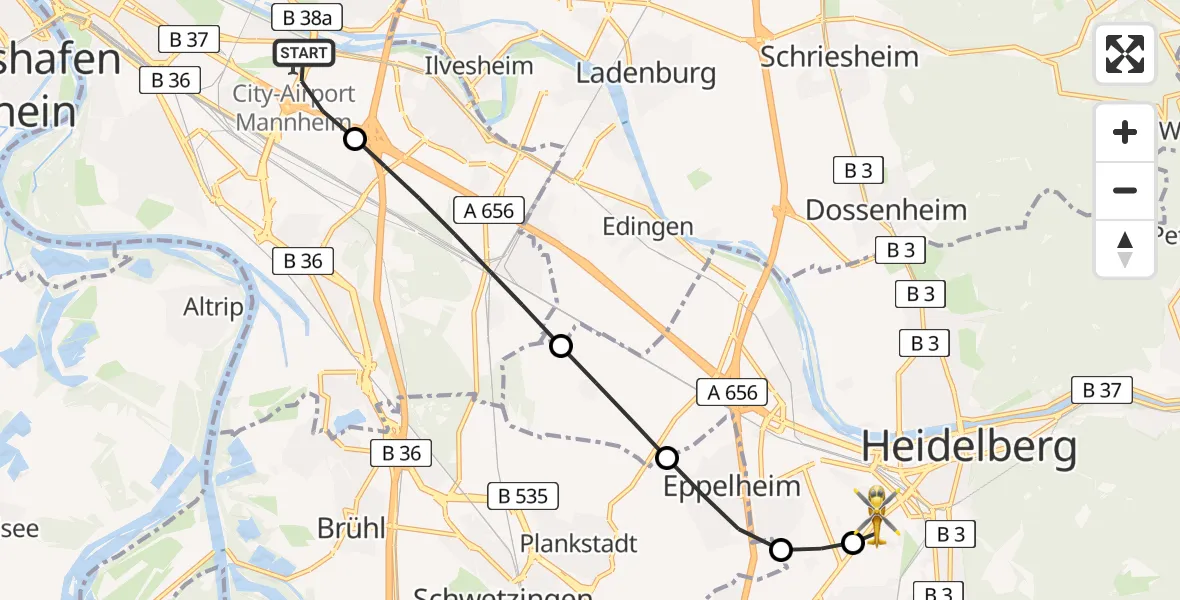 Flugroute Rettungshubschrauber Mannheim-City Flughafen - Heidelberg, 02 Juli 2026, 09:03