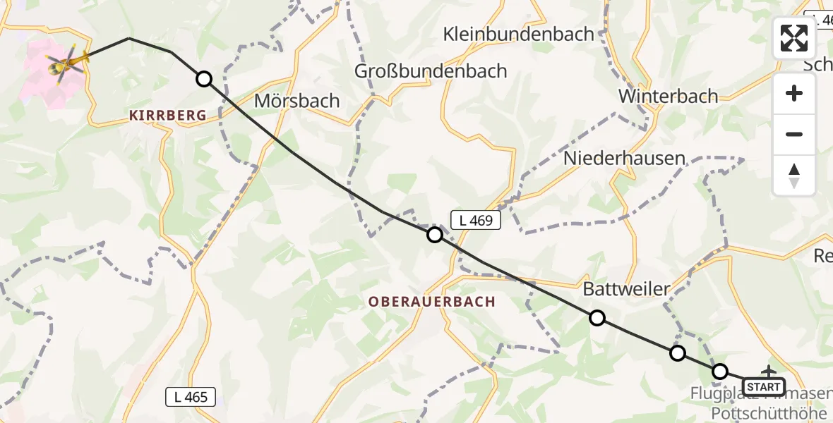 Flugroute Rettungshubschrauber Pirmasens-Pottschütthöhe Flugplatz - Homburg, 02 Juli 2026, 09:05