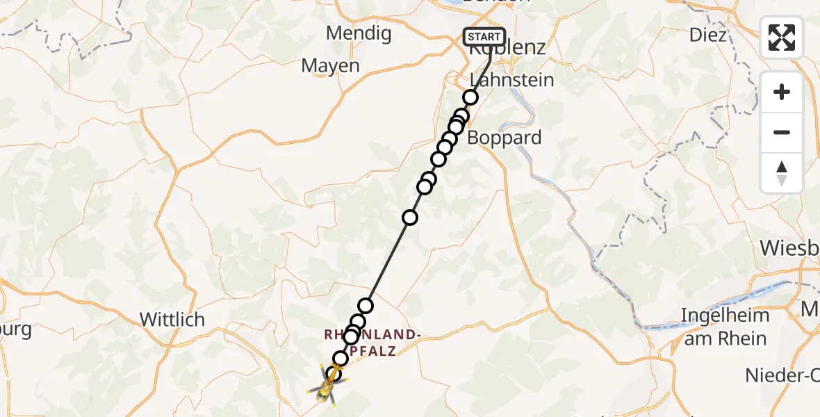 Flugroute Rettungshubschrauber Koblenz - Hirschfeld (Hunsrück), 02 Juli 2026, 09:08