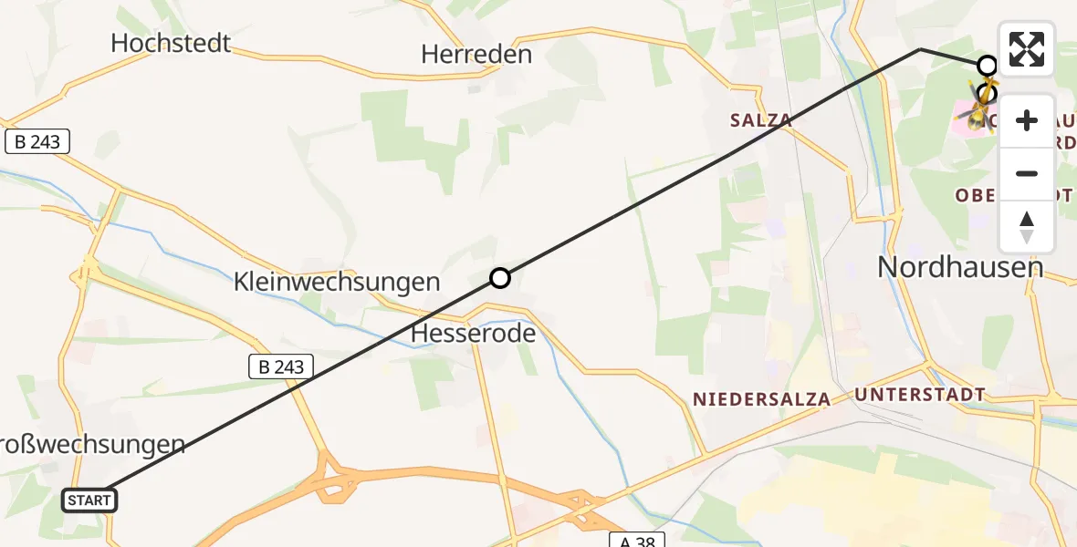 Flugroute Rettungshubschrauber Werther - Südharz Hospital Nordhausen, 02 Juli 2026, 09:10