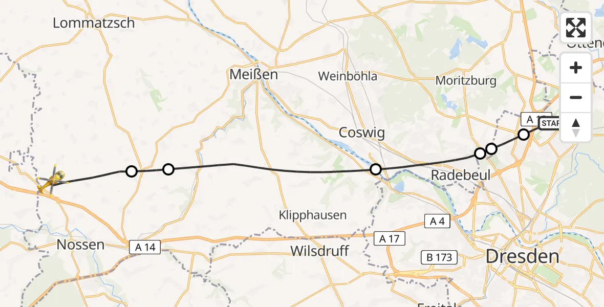 Flugroute Rettungshubschrauber Dresden Flughafen - Nossen, 02 Juli 2026, 09:16