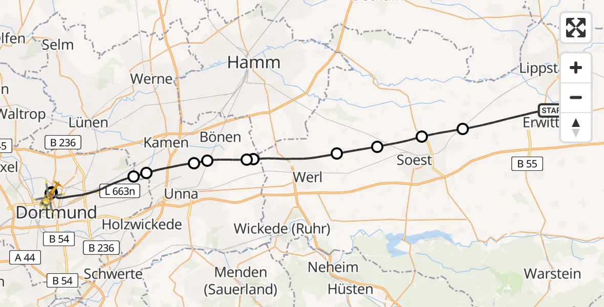 Flugroute Rettungshubschrauber Erwitte - Dortmund Hospital North, 02 Juli 2026, 09:16