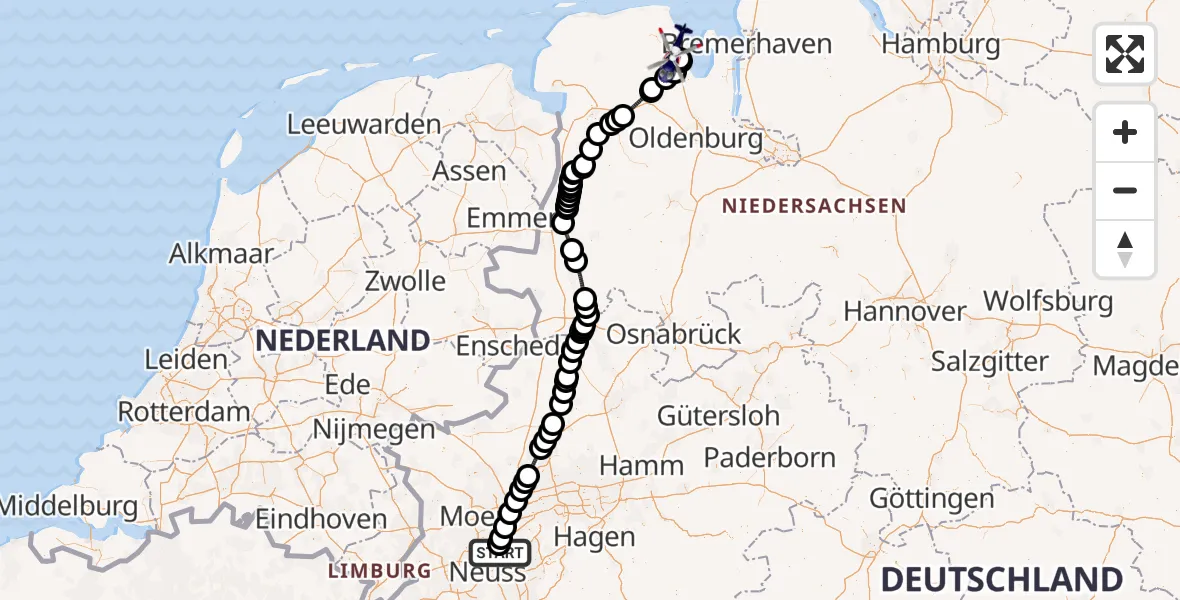 Flugroute Polizeihubschrauber Düsseldorf Flughafen - Wilhelmshaven, 02 Juli 2026, 09:18