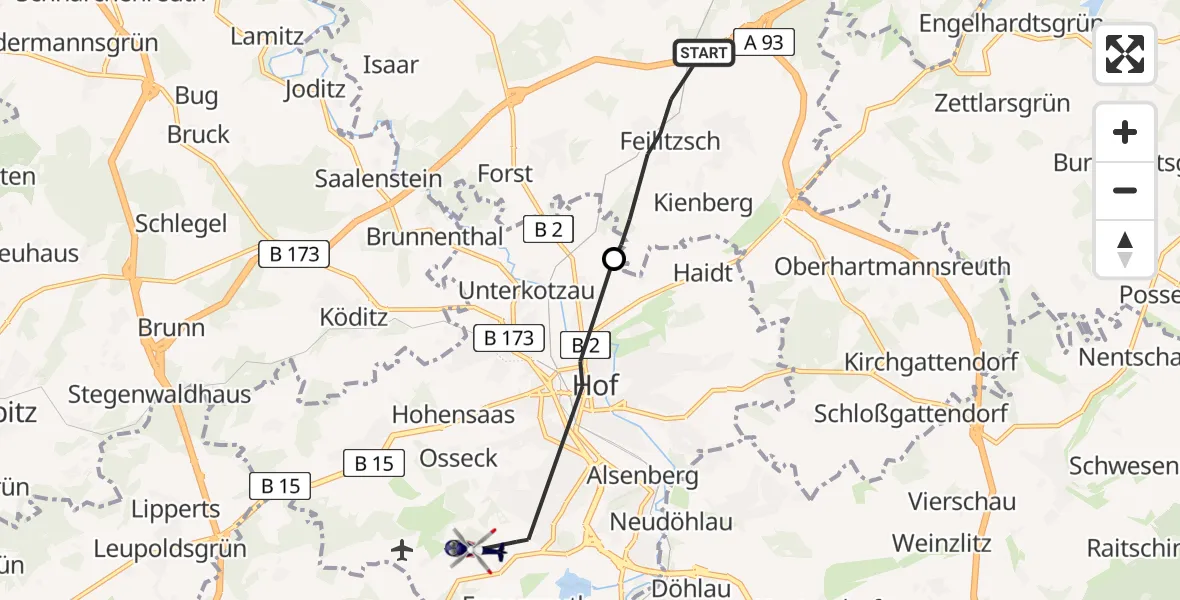 Flugroute Polizeihubschrauber Feilitzsch - Hof, 02 Juli 2026, 09:22