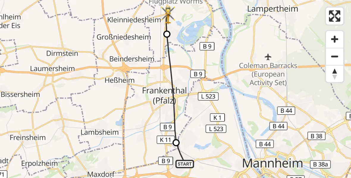 Flugroute Rettungshubschrauber Ludwigshafen am Rhein - Bobenheim-Roxheim, 02 Juli 2026, 09:25