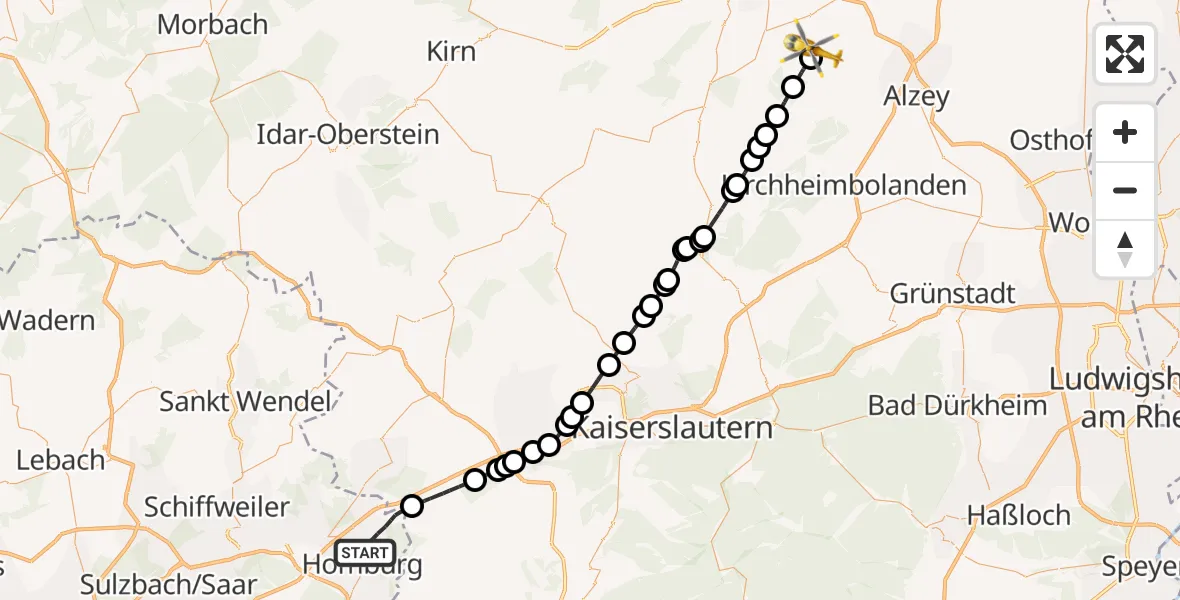 Flugroute Rettungshubschrauber Homburg - Wonsheim, 02 Juli 2026, 09:28