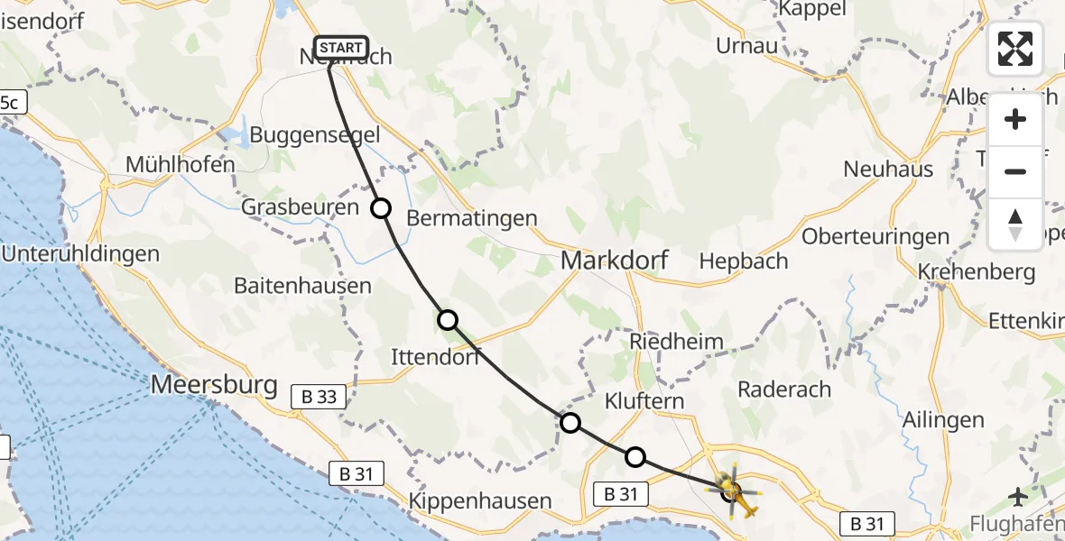 Flugroute Rettungshubschrauber Salem - Friedrichshafen Hospital, 02 Juli 2026, 09:32
