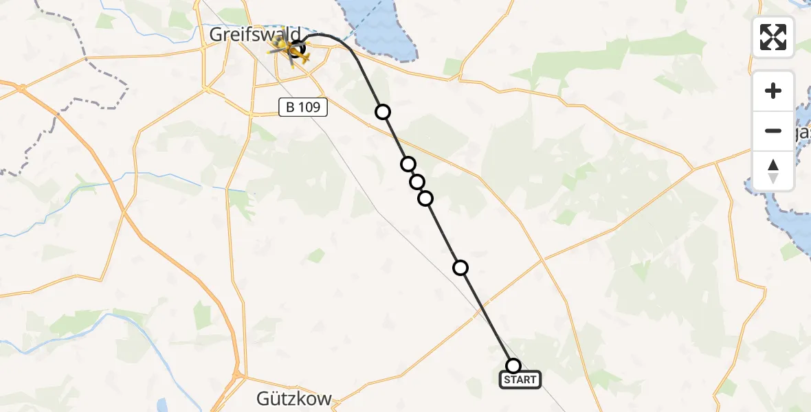 Flugroute Rettungshubschrauber Schmatzin - Greifswald Hospital, 02 Juli 2026, 09:33