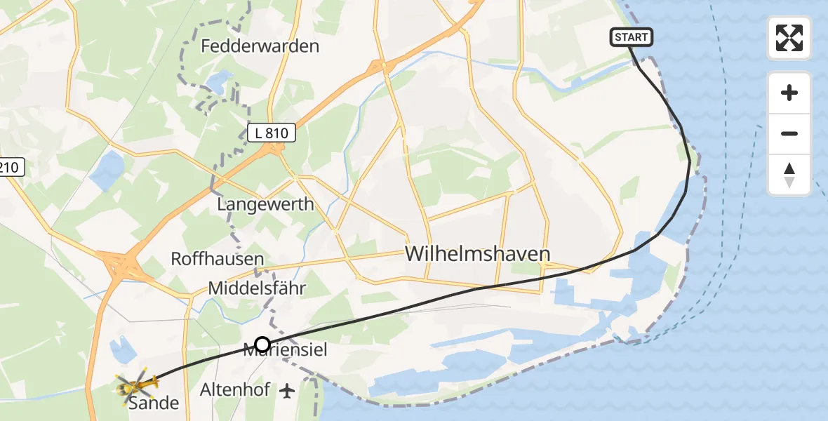 Flugroute Rettungshubschrauber Wilhelmshaven - Sande, 02 Juli 2026, 09:36