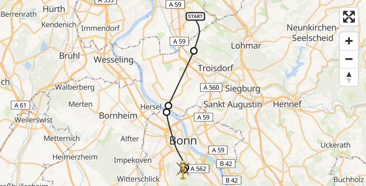 Flugroute Ambulanzhubschrauber Köln Bonn Flughafen - Bonn University Hospital, 02 Juli 2026, 09:36