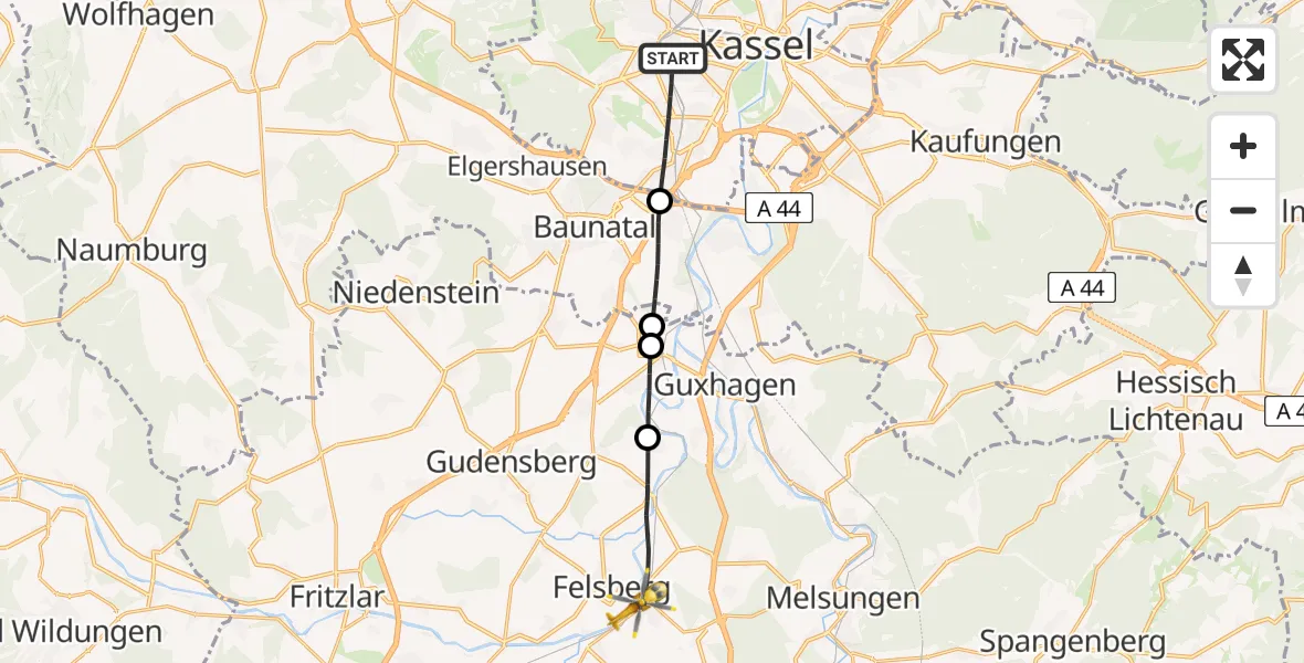 Flugroute Rettungshubschrauber Kassel - Felsberg, 02 Juli 2026, 09:38